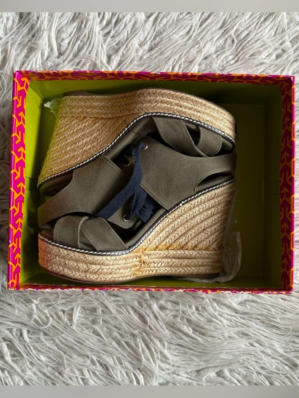 Tory Burch Gabe Lace Up Canvas Olive Green Platform Sandal Espadrilles Size 38